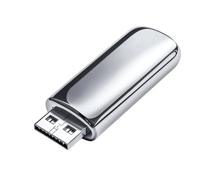 Sleek silver USB drive featuring reflective surface, showcasing modern technology for storage, presented meticulously on transparent background