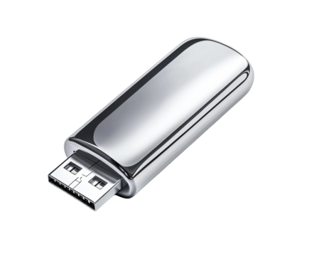Sleek silver USB drive featuring reflective surface, showcasing modern technology for storage, presented meticulously on transparent background