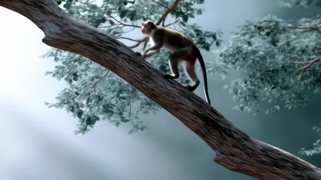 A monkey climbs a tree limb amidst shaded foliage with a gradient background. The image has a soft, dreamy quality