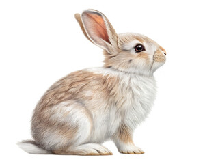 Obraz premium A light brown rabbit sitting upright with long ears against a black background looking to the right
