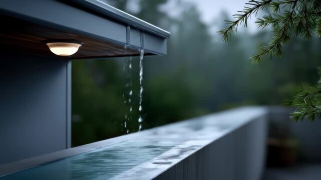 Rainwater streams from a gutter into a serene, shallow pool; a lit fixture and evergreen branch are visible