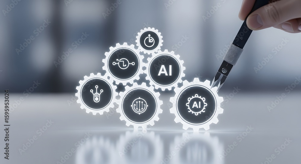 Poster ai integrated conceptual illustration with gears and hand pointer for future innovation and technolo