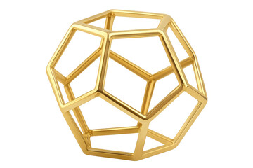 Golden dodecahedron spinning smoothly, revealing geometric precision with luminous reflections on pristine transparent backdrop