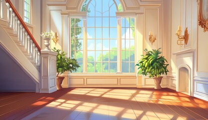 Fototapeta premium Sunny interior of a grand hall with a large window.