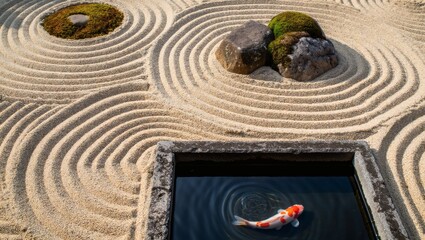 Tranquil scene of a Japanese Zen garden with a solitary koi fish in a water basin, symbolizing peace and meditation
