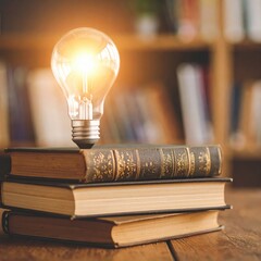 Glowing light bulb on vintage books in library