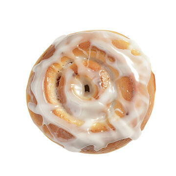 A top-down view of a glazed cinnamon roll with a swirl pattern and creamy icing.