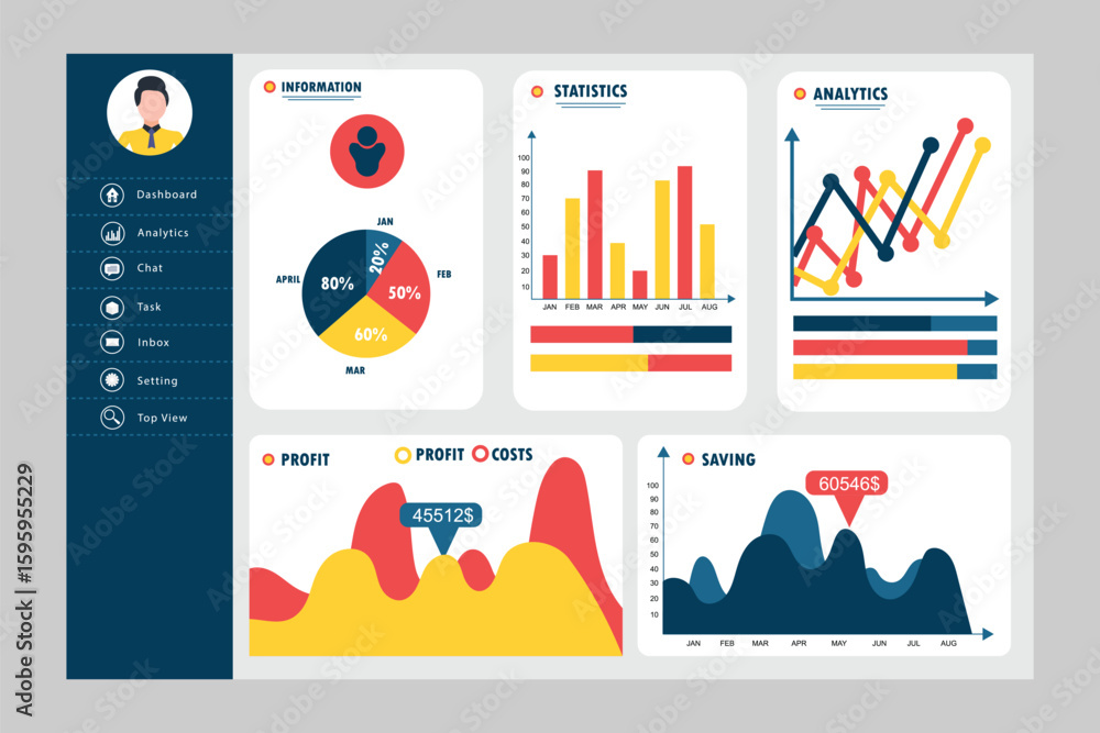 Fototapete statistics graph template. website dashboard mockup with diagrams and bars elements. data visualizat