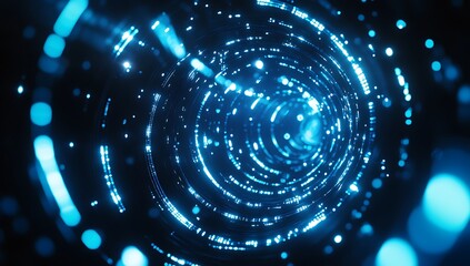 Abstract blue glowing tunnel of light particles and bokeh background 1