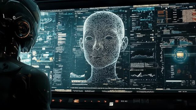 A futuristic scene shows a cybernetic figure observing a digital head projected on a data-filled screen. The scene has a cool, technological vibe