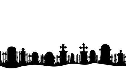 Silhouette of graveyard headstones and fence – Halloween cemetery theme, spooky decor