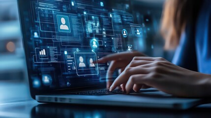 Person typing on a laptop with digital interface showing user profiles and data visualizations on screen