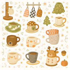 Cute Cozy Mug Seamless Pattern – Autumn Hot Drink, Animal Cups, and Fall Elements
