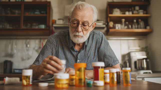 elderly man confused with medication bottles, polypharmacy, memory loss, safety, adherence, senior health