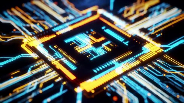 Colorful abstract computer chip image with intricate circuit lines