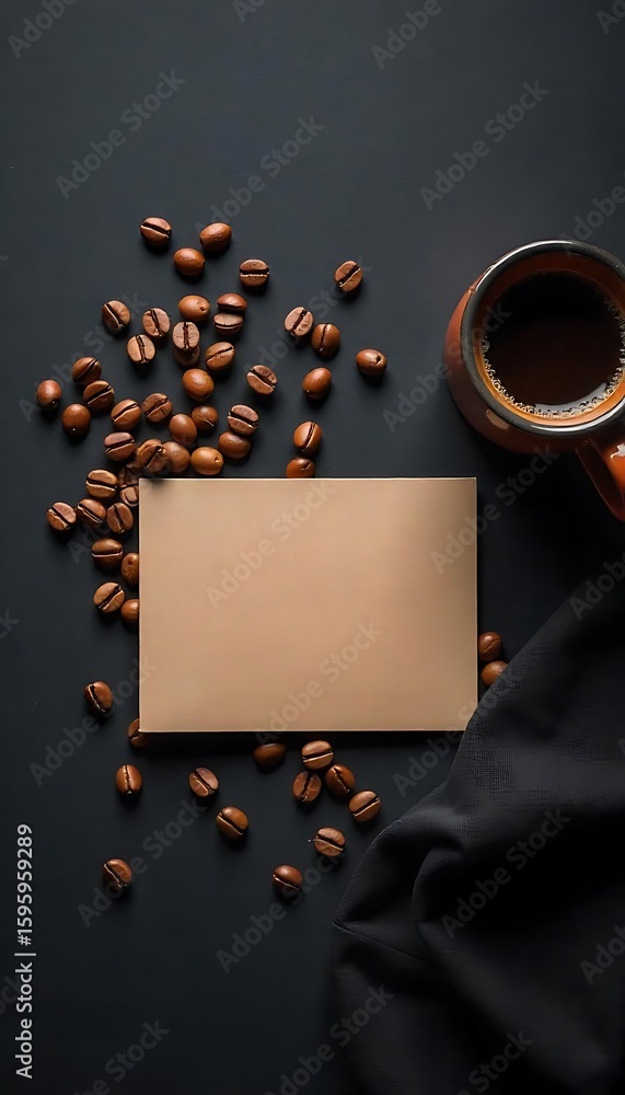 Poster generative ai: coffee beans arrangement with blank space and a cup on a dark background
