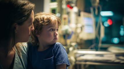 child Boy in ER with parent, trauma, emergency, parental support, anxiety, urgent care, emergency room, full shot, night