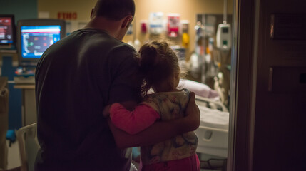 child in ER with parent, trauma, emergency, parental support, anxiety, urgent care, emergency room, full shot, night