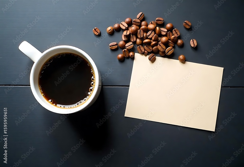 Poster generative ai image of coffee cup and beans with blank memo on a dark surface
