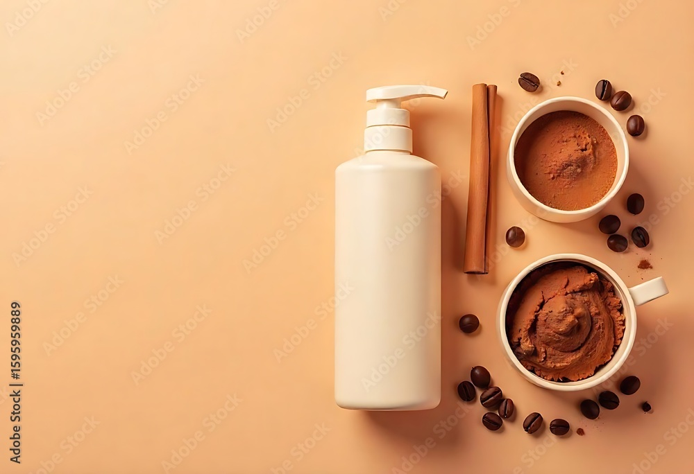 Poster generative ai: aromatic coffee composition with bottle and spices on beige backdrop
