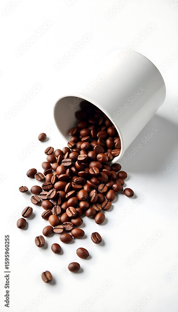 Poster generative ai image of coffee beans spilling from a white cup creating a visual spectacle