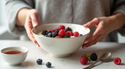 Someone is holding a bowl of berries and a spoon on a table