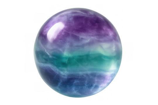 Polished fluorite sphere with purple, green and blue colors, isolated on transparent background, ideal for jewelry or decoration