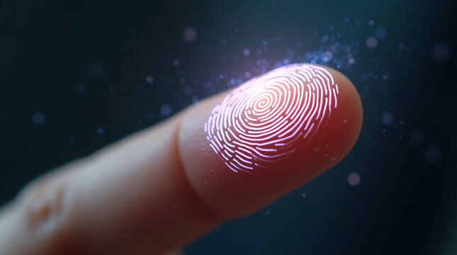 lose-up of a human thumb with a bright, glowing white fingerprint graphic overlay, signifying digital security, biometric authentication, or personal identity verification