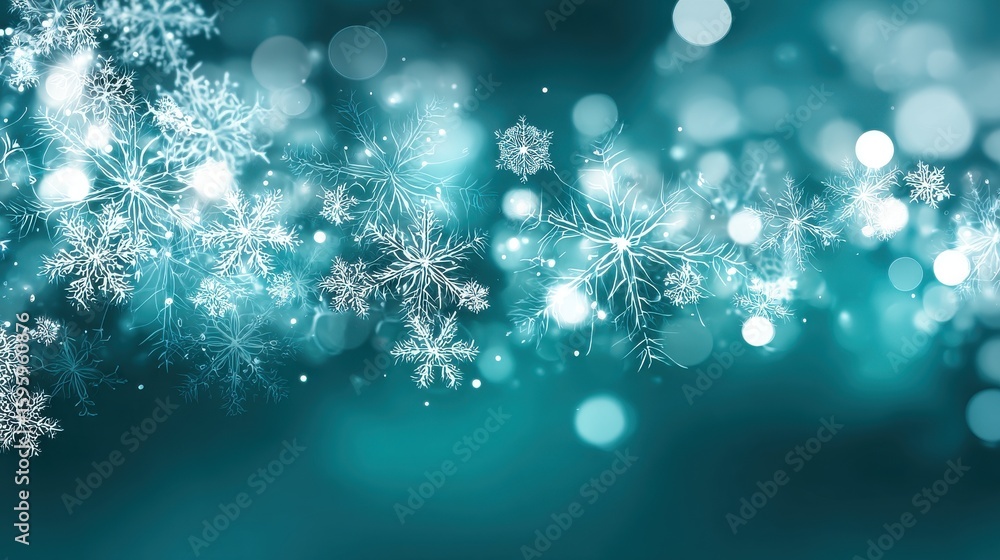 Poster a visually appealing winter background with numerous snowflakes and blurred lights creating a festiv