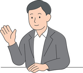 Smiling Businessman Waving Hand Illustration
An illustration of a businessman in a gray suit waving his hand with a smile. Useful for presentations, online meetings, introductions, and business-relate