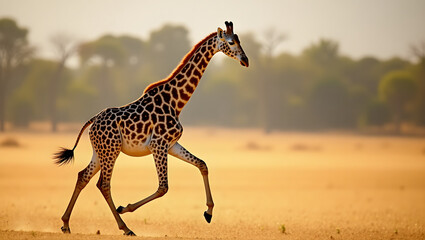 Obraz premium Giraffe walking gracefully through dry grasslands under a sunny sky.