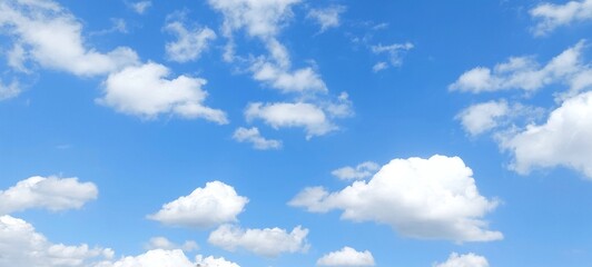 Panoramic cloudscape in clear blue sky in summer. Nature sky background with fluffy clouds.