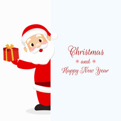 vector illustration of Santa Claus holding a gift box and peeking from the side with “Christmas and Happy New Year” greeting