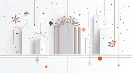 This image features abstract geometric shapes with snowflakes and decorative elements, creating a modern and minimalist artistic composition.