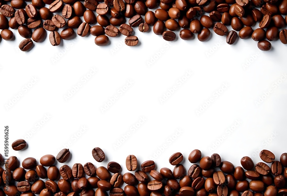 Poster generative ai: coffee beans forming border on white, aromatic caffeine source