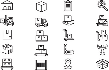 Warehouse Inventory Vector Icon Set Adjustable Line Weight Storage, logistics, delivery, packaging, barcode, forklift, shipping, pallet, stock, tracking, management, cargo, supply chain icon