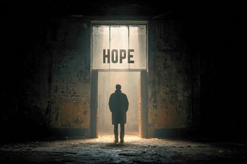 A silhouette standing in front of a door labeled 'Hope'
