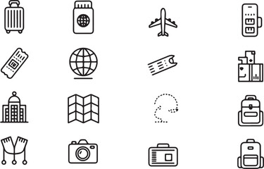 Travel Vector Icon Set Adjustable Line Weight Suitcase, passport, plane, ticket, globe, hotel, map, camera, backpack