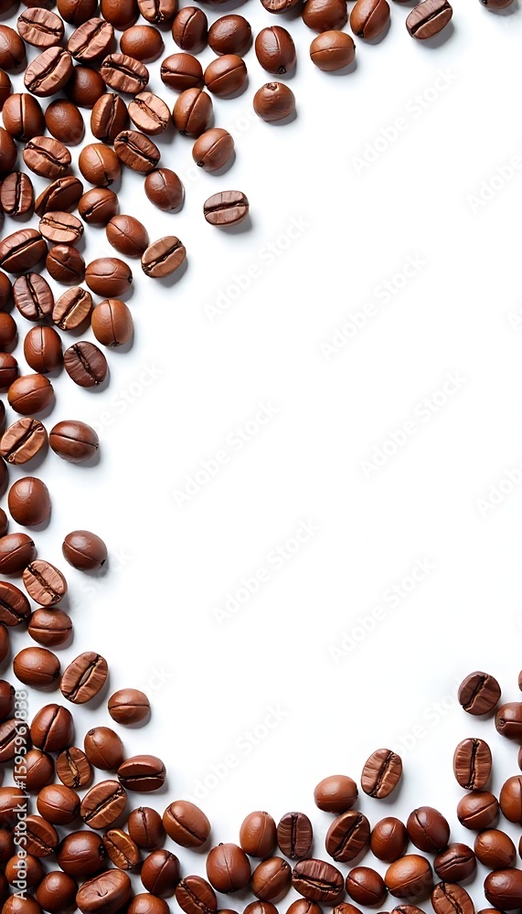 Poster generative ai image of roasted coffee beans arranged on a stark white backdrop creating a unique