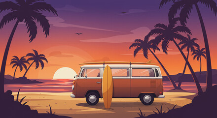 Obraz premium Vintage van with surfboard parked on beach at sunset, tropical travel vector.