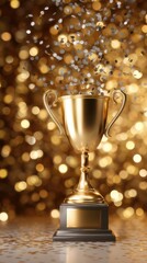 Golden trophy surrounded by shimmering confetti in a celebratory atmosphere