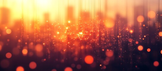 Obraz premium Glowing abstract network data streams over blurred cityscape at sunset background bokeh