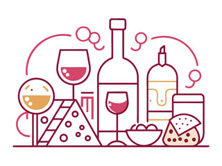 Wine and Cheese Line Vector Isolated Icons