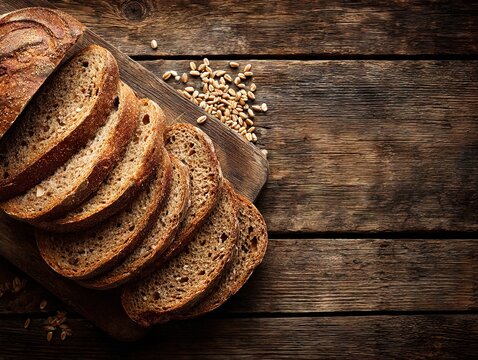 Rustic sliced whole grain bread on wooden cutting board with scattered wheat kernels, styled against a dark vintage tabletop background - Powered by Adobe