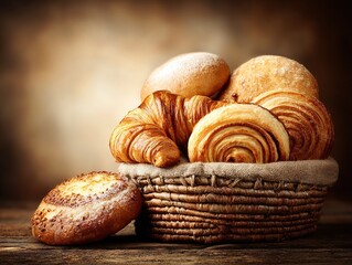 Assorted golden breakfast pastries including croissants, rolls, and seeded buns arranged in a woven basket against a rustic brown backdrop