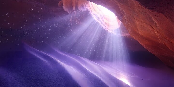 Rays of light shining through a cave opening illuminating a purple surface with stars above it - Powered by Adobe