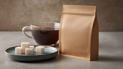 Kraft paper coffee packet with glass mug and sugar cubes