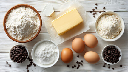 Overhead view of baking ingredients including flour eggs butter and chocolate chips