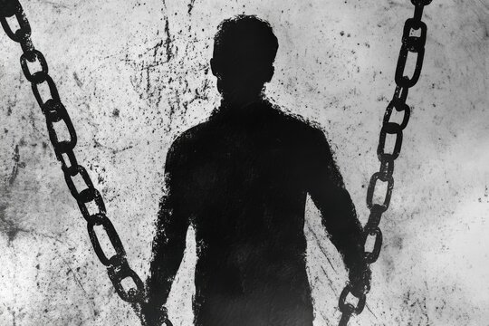 silhouette figure holds chains in monochrome, and represents internal struggle - Powered by Adobe