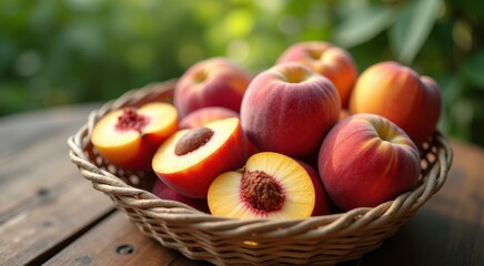 A lot of peaches in a basket on a table
